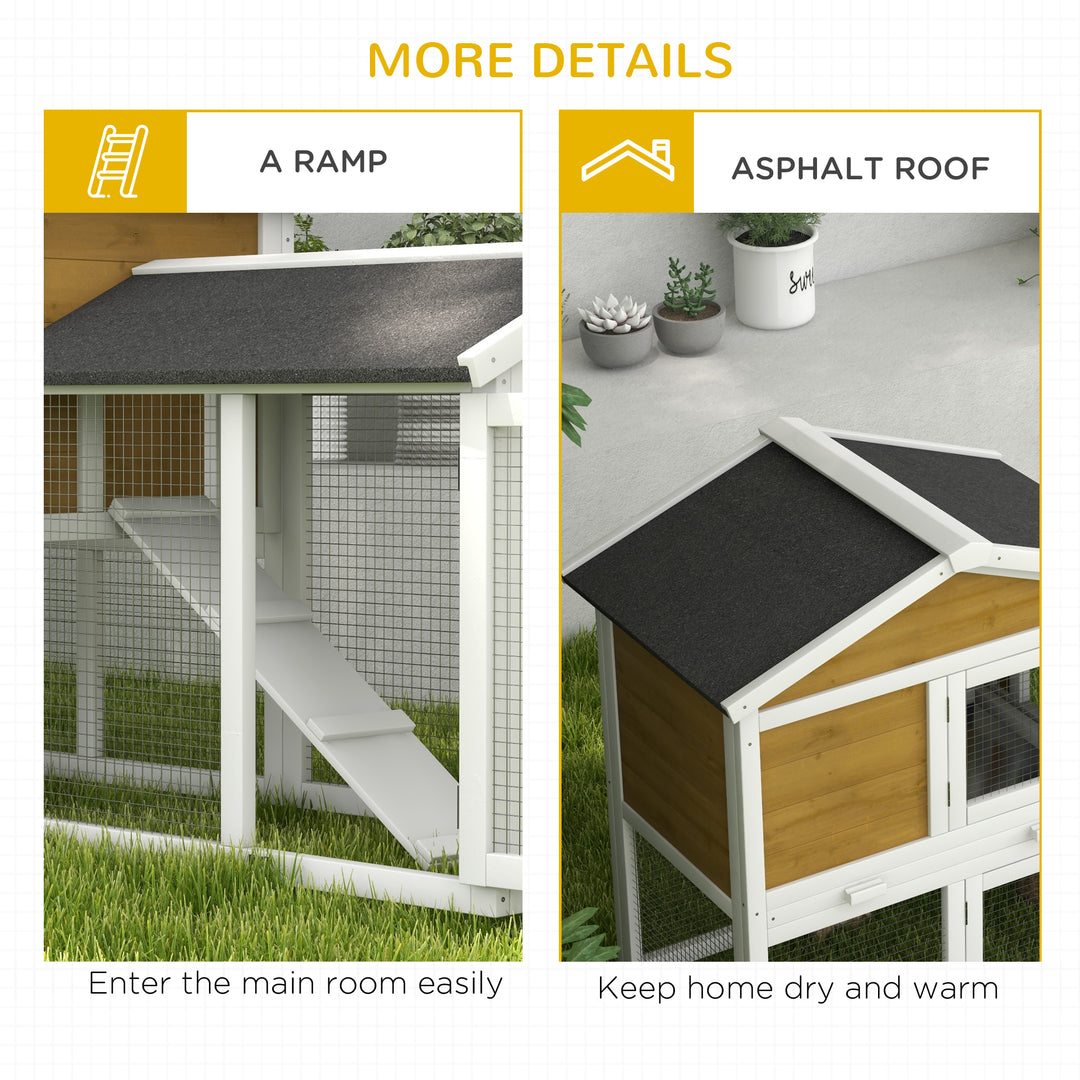 Wooden Rabbit Hutch Outdoor, Double Tier with Water-Resistant Roof, Ramp 147 x 54 x 84 cm, Yellow