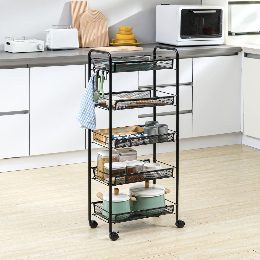 HOMCOM 5 Tier Utility Rolling Cart, Metal Storage Cart, Kitchen Cart with Removable Mesh Baskets, for Living Room, Laundry, Garage and Bathroom, Black