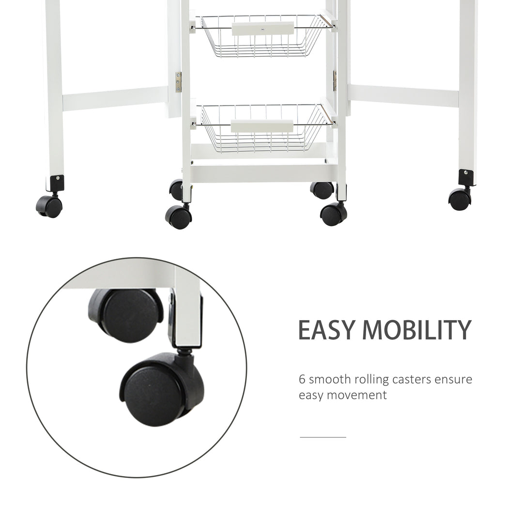 Drop-Leaf Kitchen Cart Trolley w/ 3 Baskets Drawer Surface Top 6 Universal Wheels Rolling Storage Unit Kitchen Home Dining Island White Oak Tone