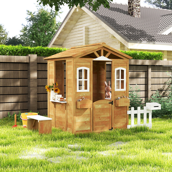 Wooden Playhouse for Kids with Door, Windows, Mailbox, Flower Pot Holder, Serving Station, Bench for Children, Yellow