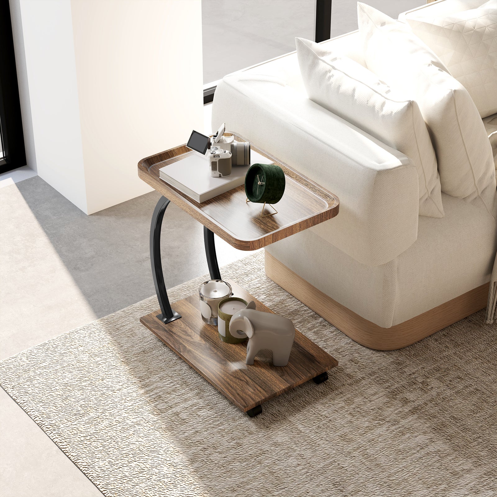 2-Tier Mobile C-Shaped Side Table - Brown