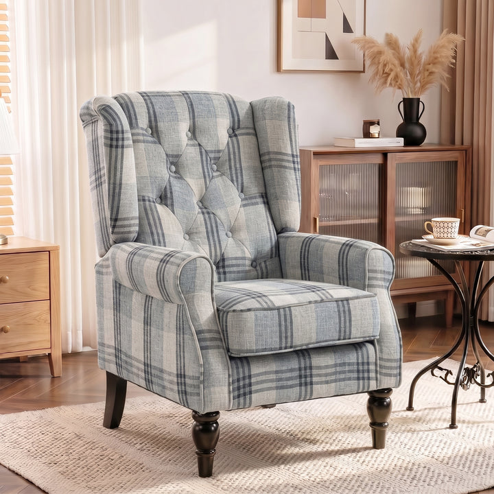 Faux Linen Armchair with Thick Spring Cushion, Wingback Accent Chair w