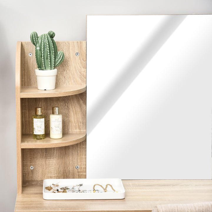 Modern Dressing Table Writing Desk W/ Mirror, Big Drawers, 2-Tier Open Shelf For Home Bedroom Natural