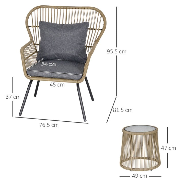 3 Pieces Rattan Bistro Set, Wicker Garden Furniture Set with Cushions, Glass Top Coffee Table and Chairs for Outdoor, Patio, Balcony, Brown