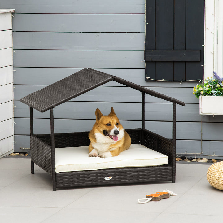 PawHut Wicker Dog House, Rattan Pet Bed, with Removable Cushion, Canopy, for Small and Medium Dogs
