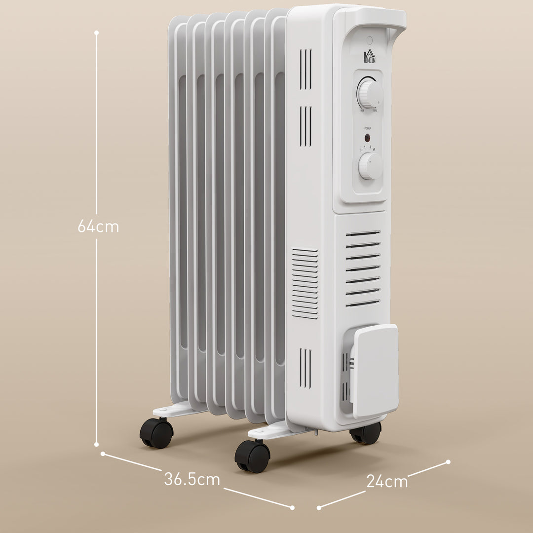 HOMCOM 1500W Oil Filled Radiator, 7 Fin Energy Efficient Portable Electric Heater with 3 Heat Settings, Adjustable Thermostat, Safety Tip Over, Overheat Protection, for Home, White