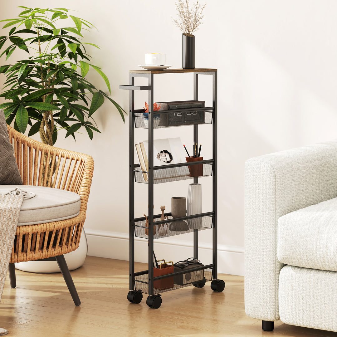 Slim Storage Trolley, 5-Tier Kitchen Cart on Wheels with Wood-effect Top, Handle for Living Room, Bathroom