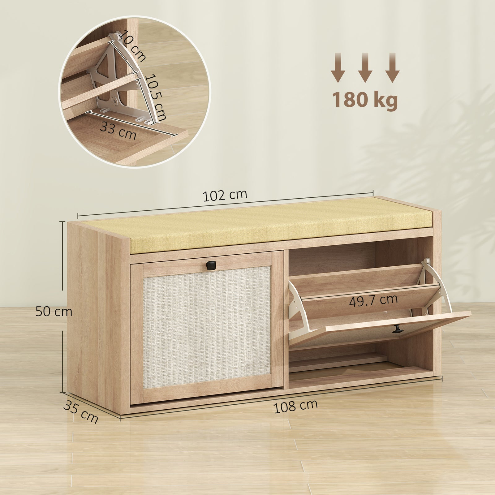 Rattan Shoe Bench with Padded Cushion and 2 Cabinets for Hidden Storag