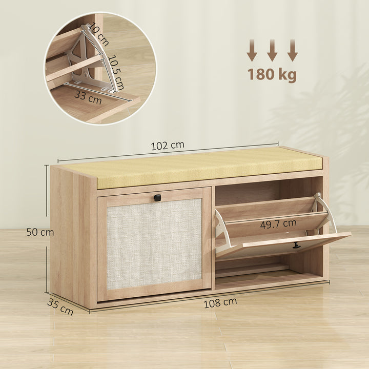 Rattan Shoe Bench with Padded Cushion and 2 Cabinets for Hidden Storag