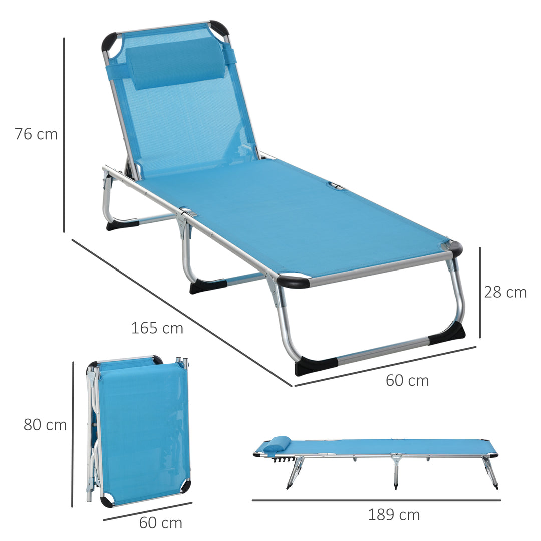 MCL Foldable Outdoor Sun Lounger, Reclining Lounge Chair Camping Bed Cot with Pillow 4-Level Adjustable Back Aluminium Frame, Blue