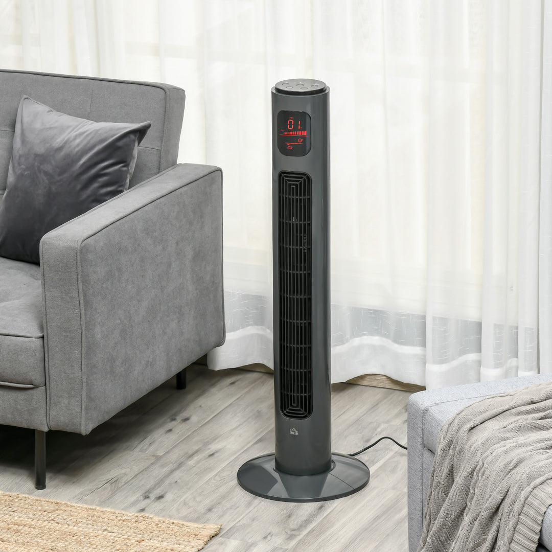 HOMCOM 38'' Freestanding Tower Fan, 3 Speed & Mode Settings, 12h Timer, 70 Degree Oscillation, LED Control Panel, Remote Control, Dark Grey | Aosom UK