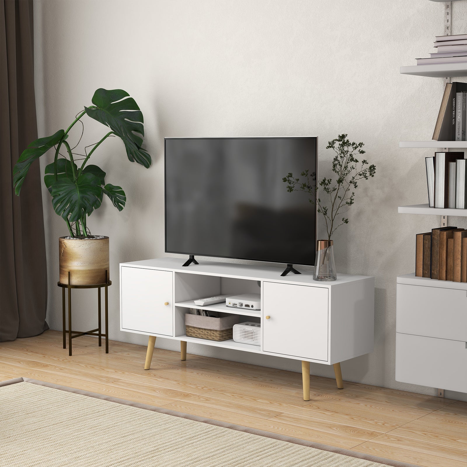 TV Stand Cabinet up to 55 Inches, TV Unit with Storage Shelves and Wood Legs for Living Room, Bedroom, White
