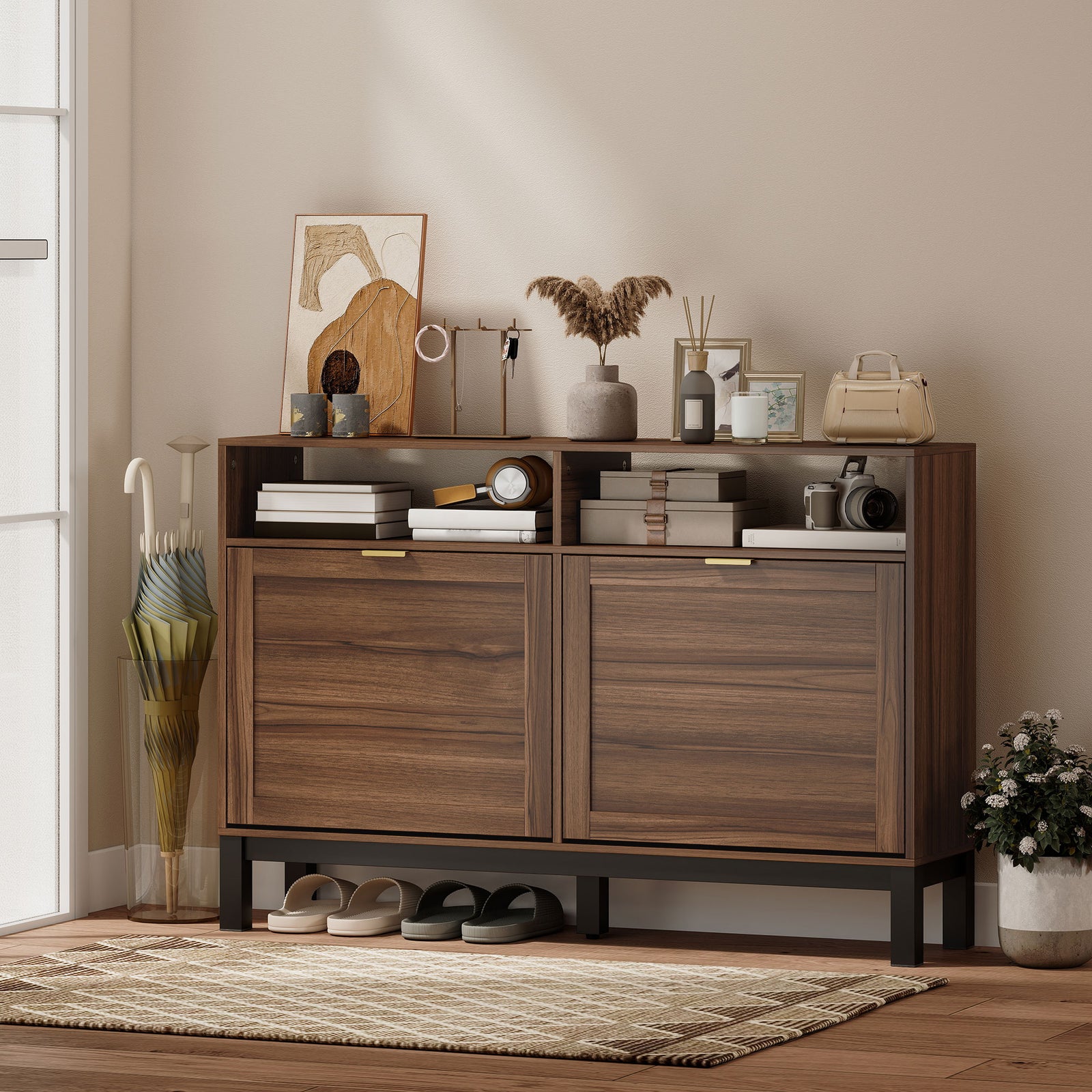 Shoe Cabinet with 2 Flip Drawers, Narrow Shoe Storage Top for Entryway