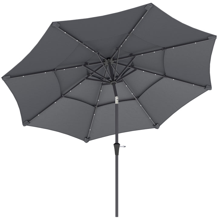 3-Tier Garden Parasol with Solar LED Lights, UPF 30+, Tilt Mechanism & Crank Handle, for Market Terrace, Dark Grey