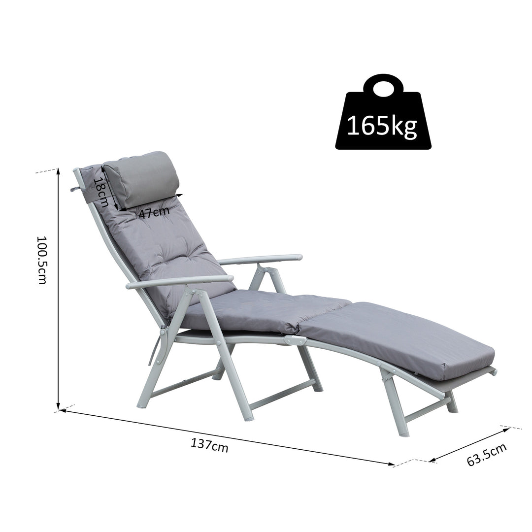 Outsunny Outdoor Patio Sun Lounger Garden Texteline Foldable Reclining Chair Pillow Adjustable Recliner with Cushion - Grey | Aosom UK