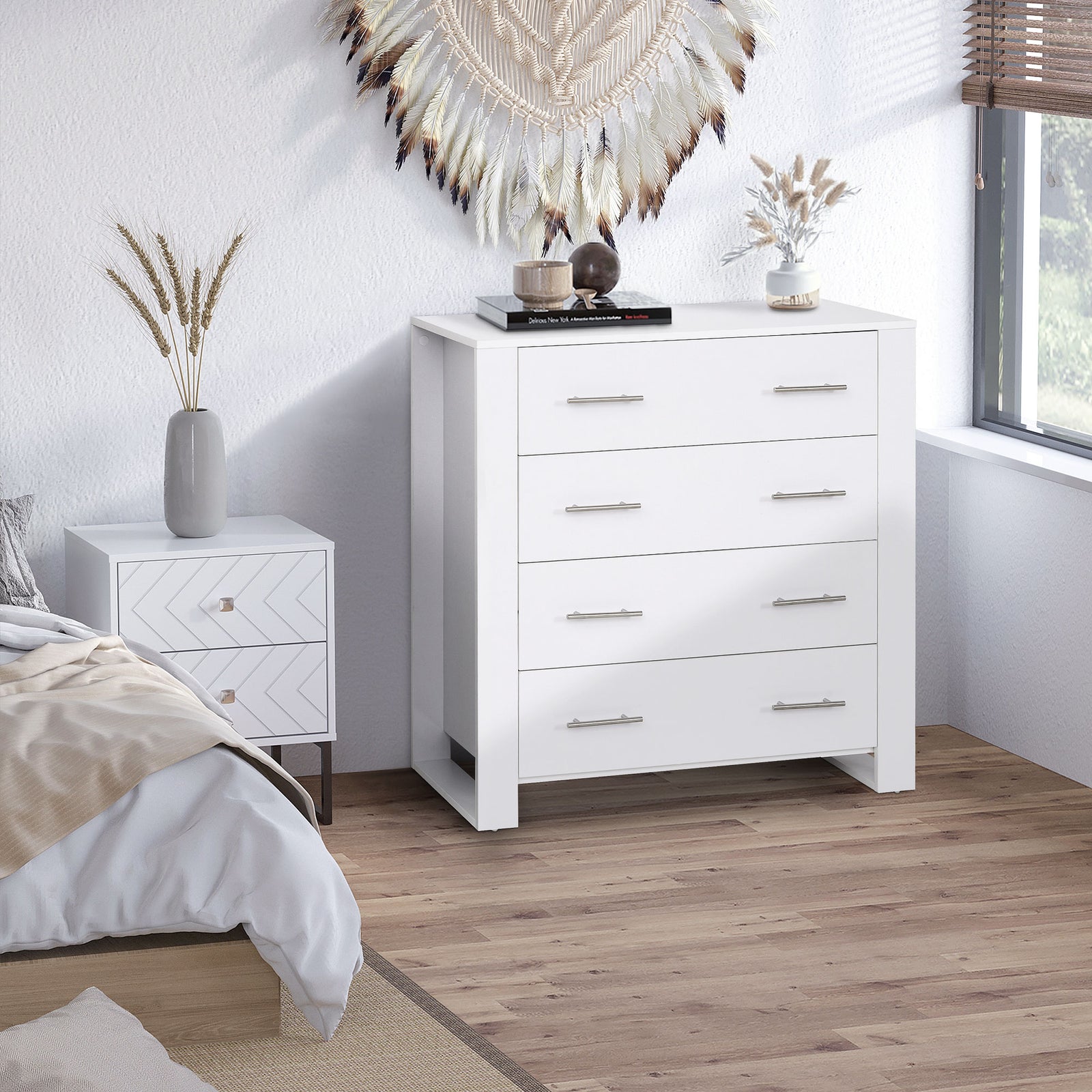 Chest Of 4 Drawers Storage Cabinet Bedroom Clothes w/Metal Handles Base Freestanding Unit Furnishing Living Room White