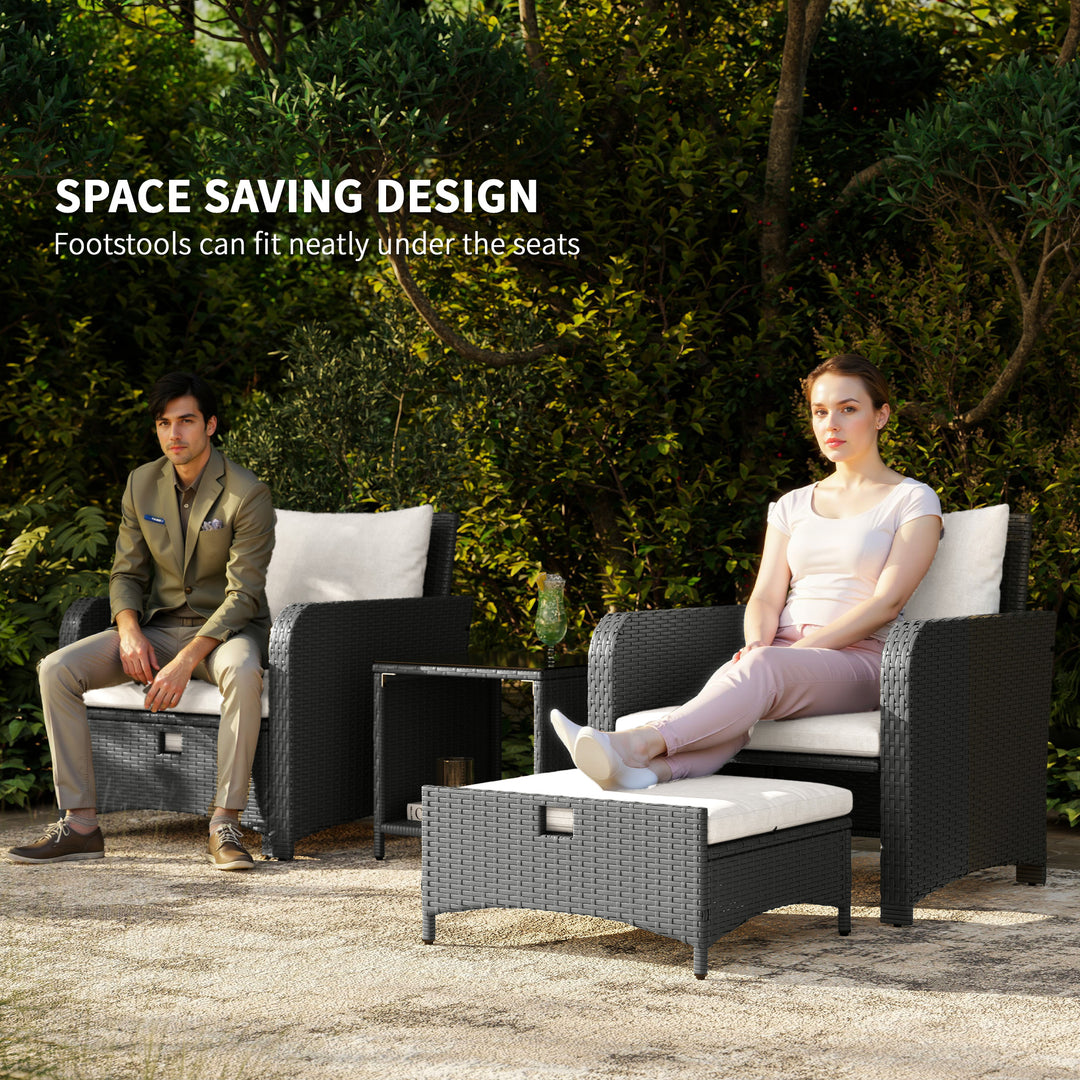 Five Piece Rattan Garden Furniture Set with 2-Tier Coffee Table and Ottomans - Cream White