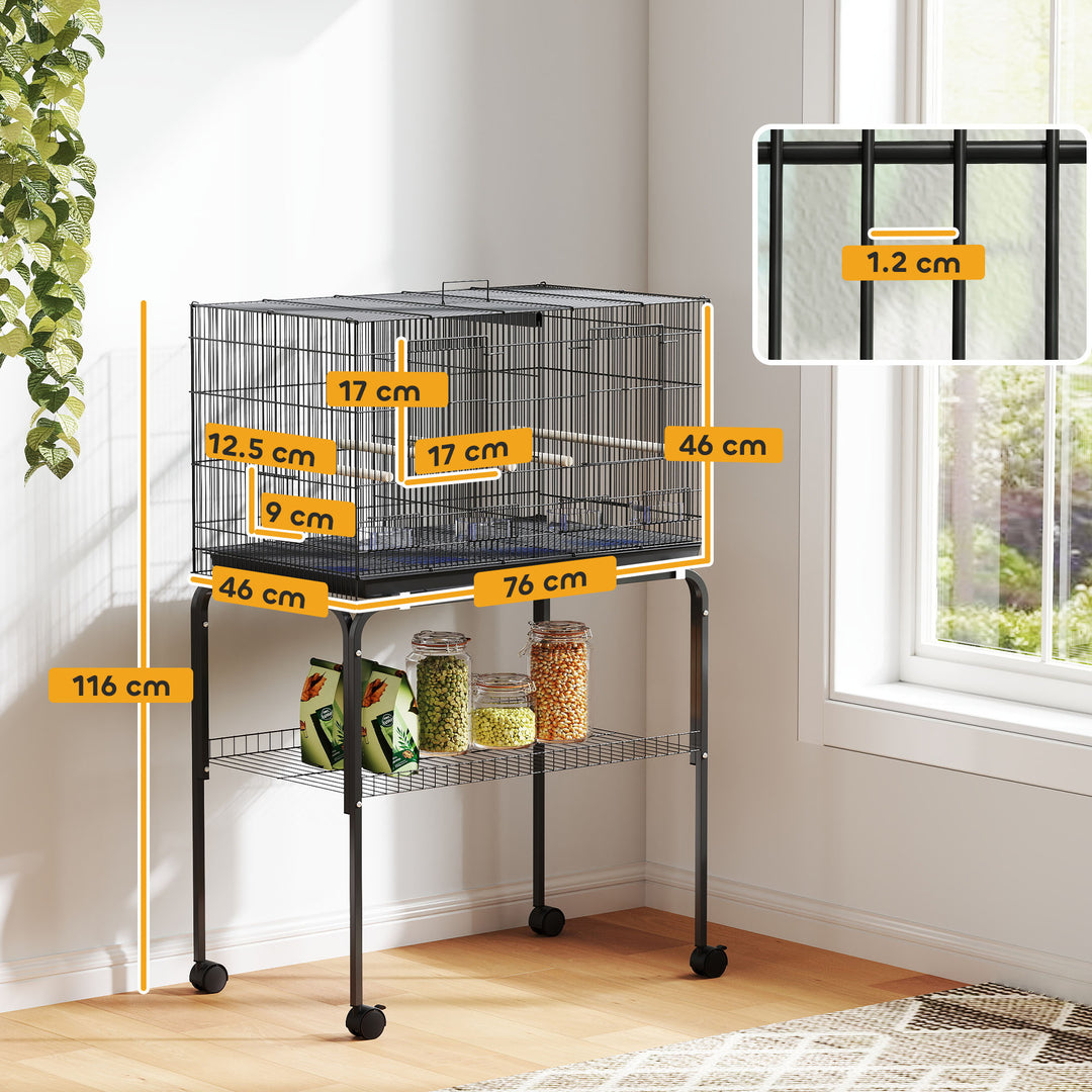 Bird Cage with Divider, 4 Wooden Perches, Slide Out Tray, 4 Feeders, for Budgie, Lovebird, Canary, 76 x 46 x 116cm Black
