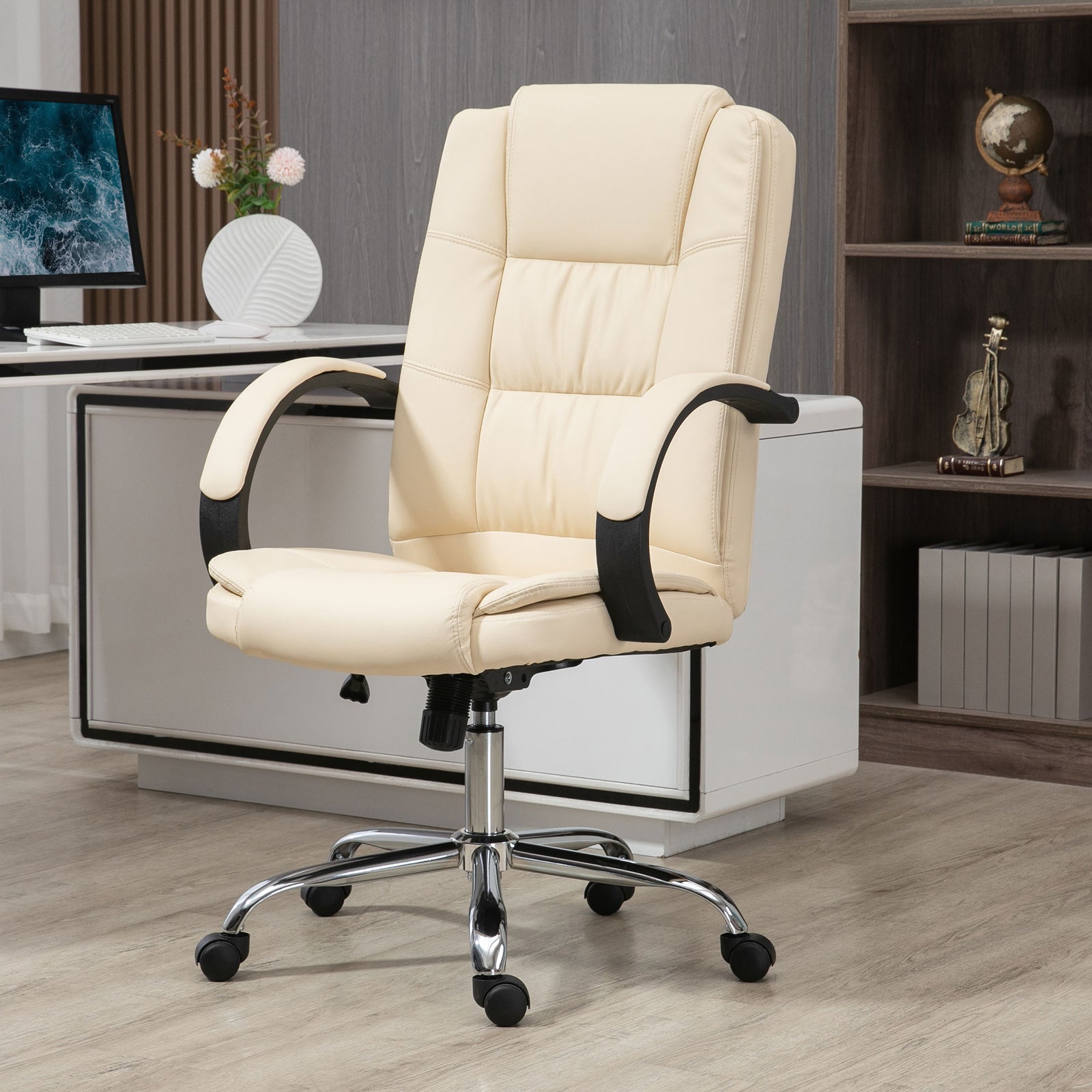 Office Chair, PU Leather Desk Chair with 13cm Soft Padded Seat and Backrest, Swivel Chair with Adjustable Height and Rolling Wheels, Beige