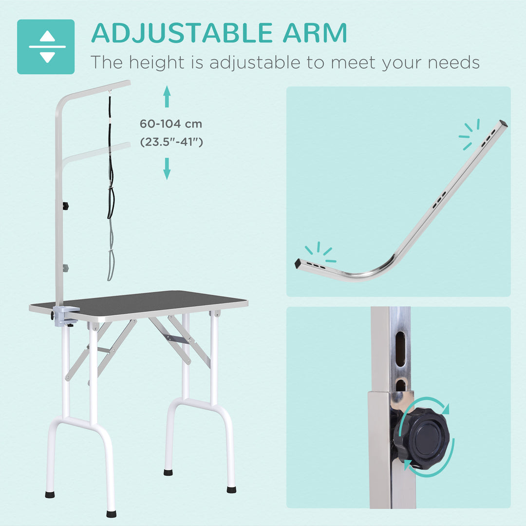 32" Foldable Dog Grooming Table Pet Drying Beauty Table Adjustable Fixed Arm Rubber Top, Black