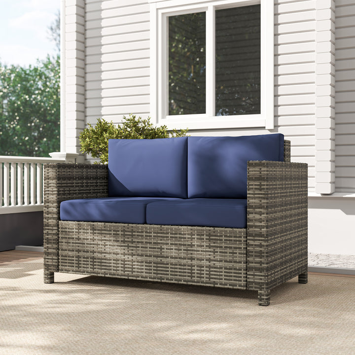 Rattan Sofa, 2 Seater Garden Furniture with Soft Padded Cushion and Armrests, Wicker Garden Loveseat for Patio, Navy Blue