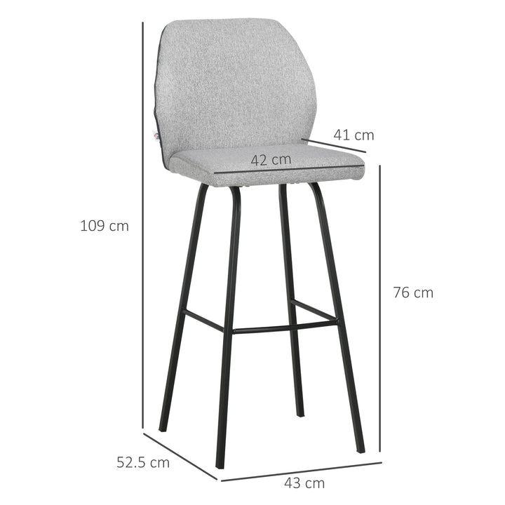 Bar Stools Set of 4, Linen-Touch Upholstered Bar Chairs, Kitchen Stools with Backs and Steel Legs for Dining Room, Light Grey