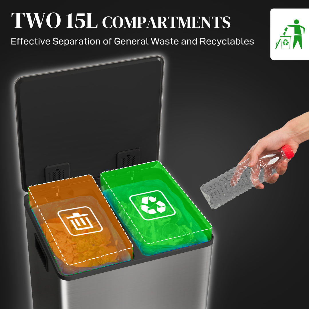 30L Dual Compartment Stainless Steel Bin, with Deodoriser Holders - Si