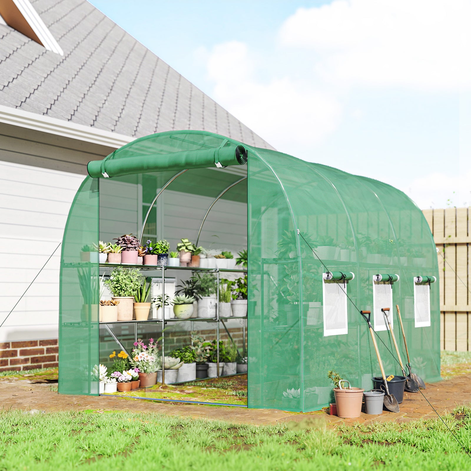 Walk-in Greenhouse with Shelves, Polytunnel Greenhouse with Roll-Up Do