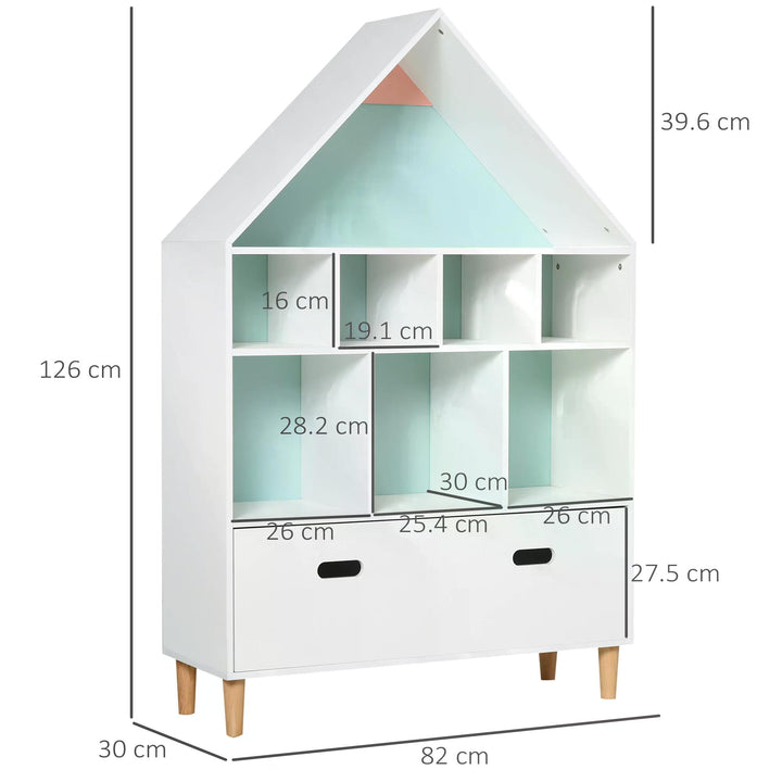 Kids House-Designed Bookshelf, with Drawer – Blue & White