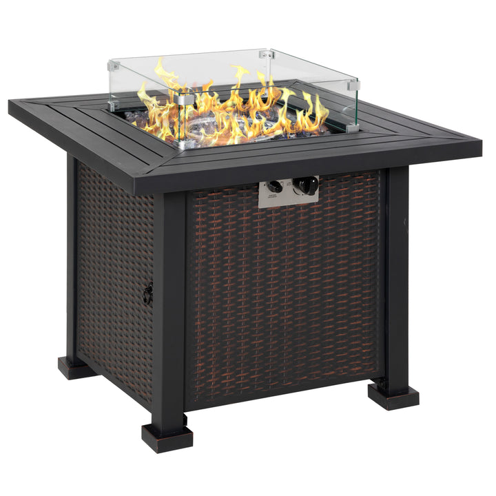 Outsunny Square Propane Gas Fire Pit Table, 50000 BTU Rattan Smokeless Firepit Patio Heater w/ Glass Screen, Beads, Lid, 82cm x 82cm x 66cm | Aosom UK