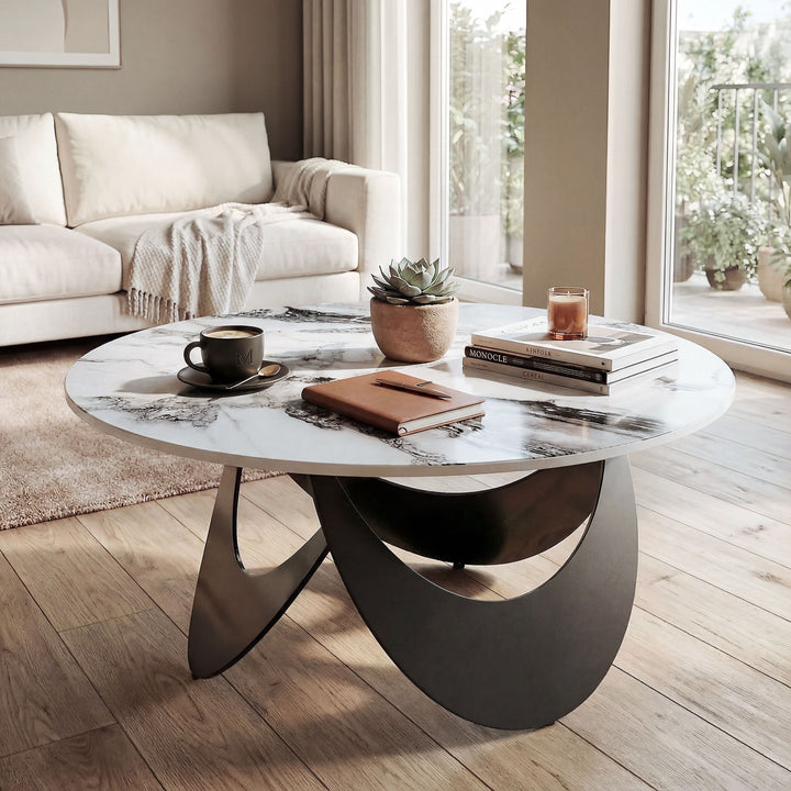 Coffee Table Sintered Stone Top Adjustable Foot Pads Modern Centre Tab