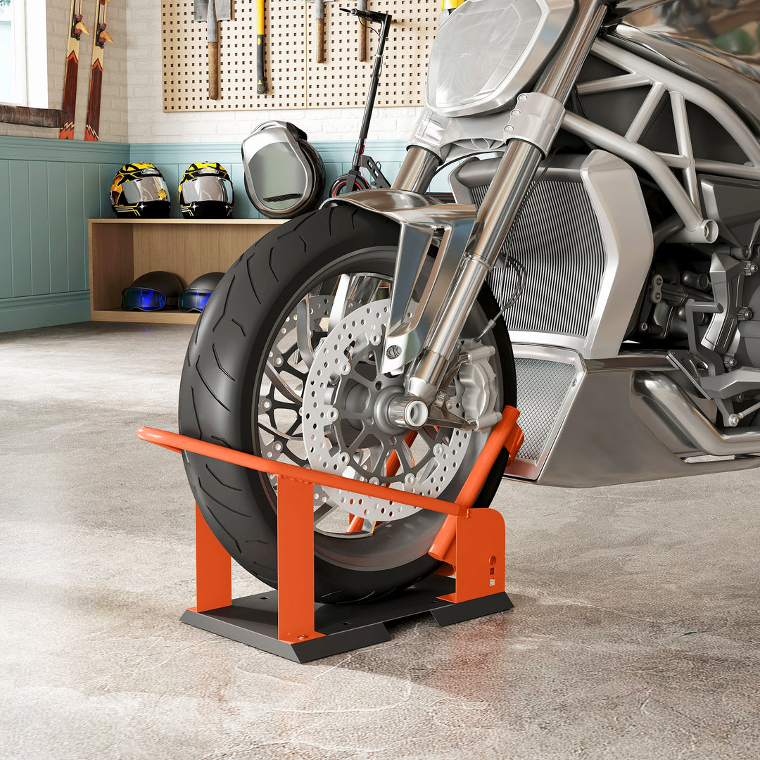 Motorcycle Wheel Chock, 816.5 kg Capacity Heavy Duty Steel Motorcycle Front Wheel Chock Holder with 3 Height Adjustable Holes, Fits 381-533.4 mm Wheels, Orange
