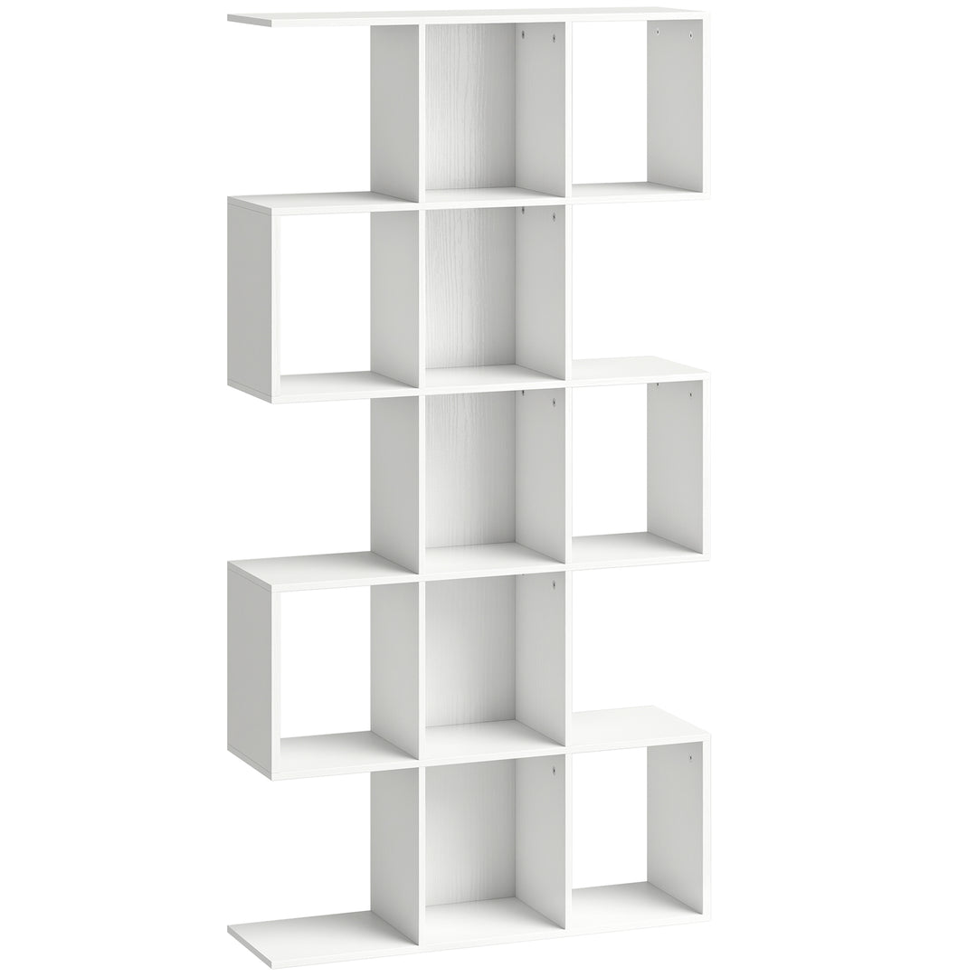5-Tier Bookshelf, S Shaped Geometric Bookcase with 15 Compartments, Wh