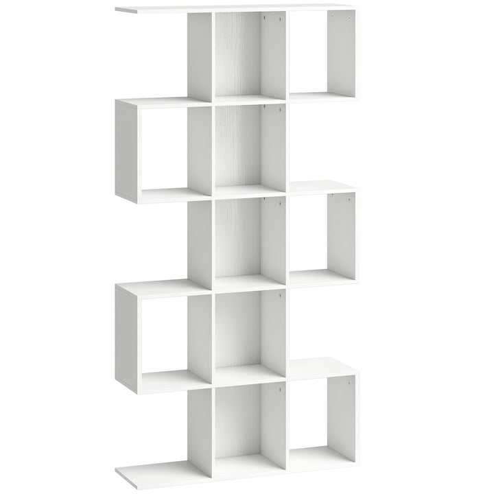 5-Tier Bookshelf, S Shaped Geometric Bookcase with 15 Compartments, Wh