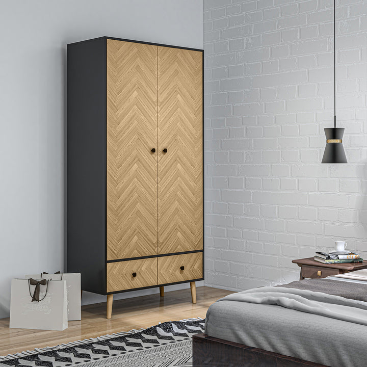 MCL Modern Wardrobe Cabinet Wood Grain Sticker Surface with Shelf, Hanging Rod and 2 Drawers 90x50x190cm