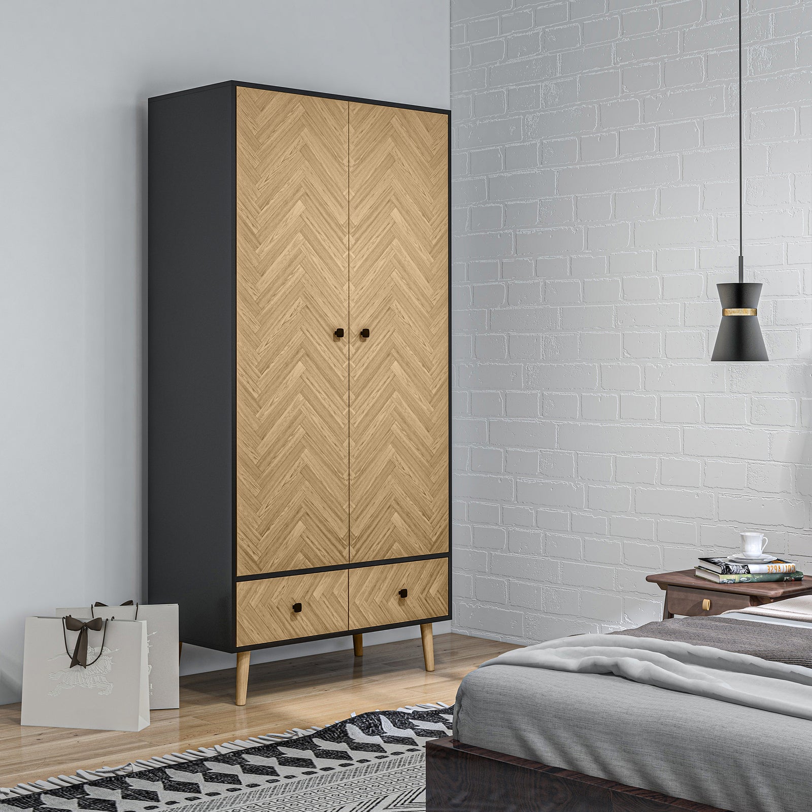 Modern Wardrobe Cabinet Wood Grain Sticker Surface with Shelf, Hanging Rod and 2 Drawers 90x50x190cm