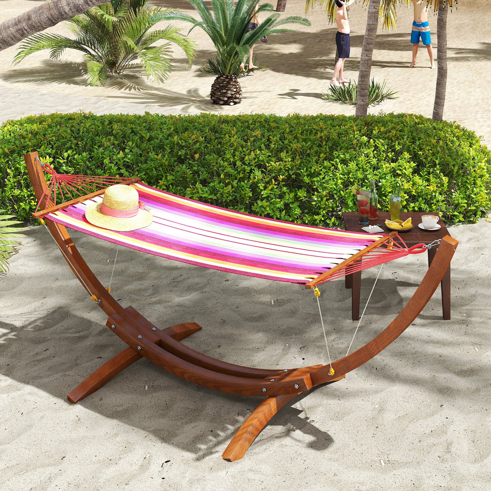 Outdoor Hammock with Stand, Free Standing Hammock with Arc Wooden Frame and 200 x 100cm Fabric, Garden Swing Hanging Bed with Safe Ropes, Multicolour