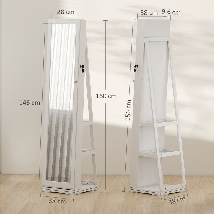 360° Swivel Jewellery Cabinet, Free Standing Full Length Mirror with Storage, Lockable Jewellery Organiser with Built-in Makeup Mirror and Storage Shelves for Bedroom, White