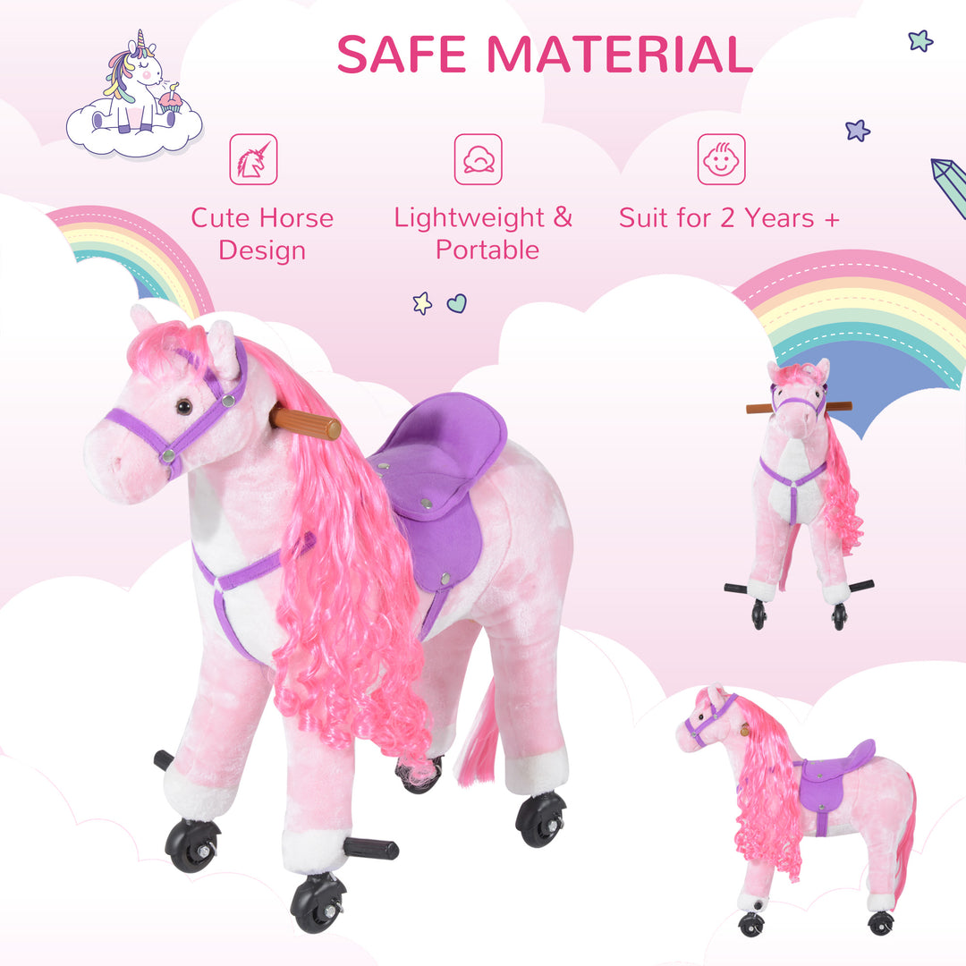 Plush Walking Horse Ride On Toy with Wheels and Realistic Sounds Rocking Horse for Girls Boys 2+ Years Old, 50cm Tall, Pink