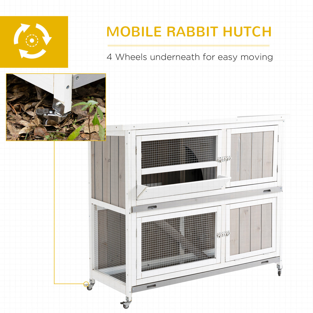 Wooden Pet Hutch, Two-Tier Cage with Rain Cover, Wheels, White