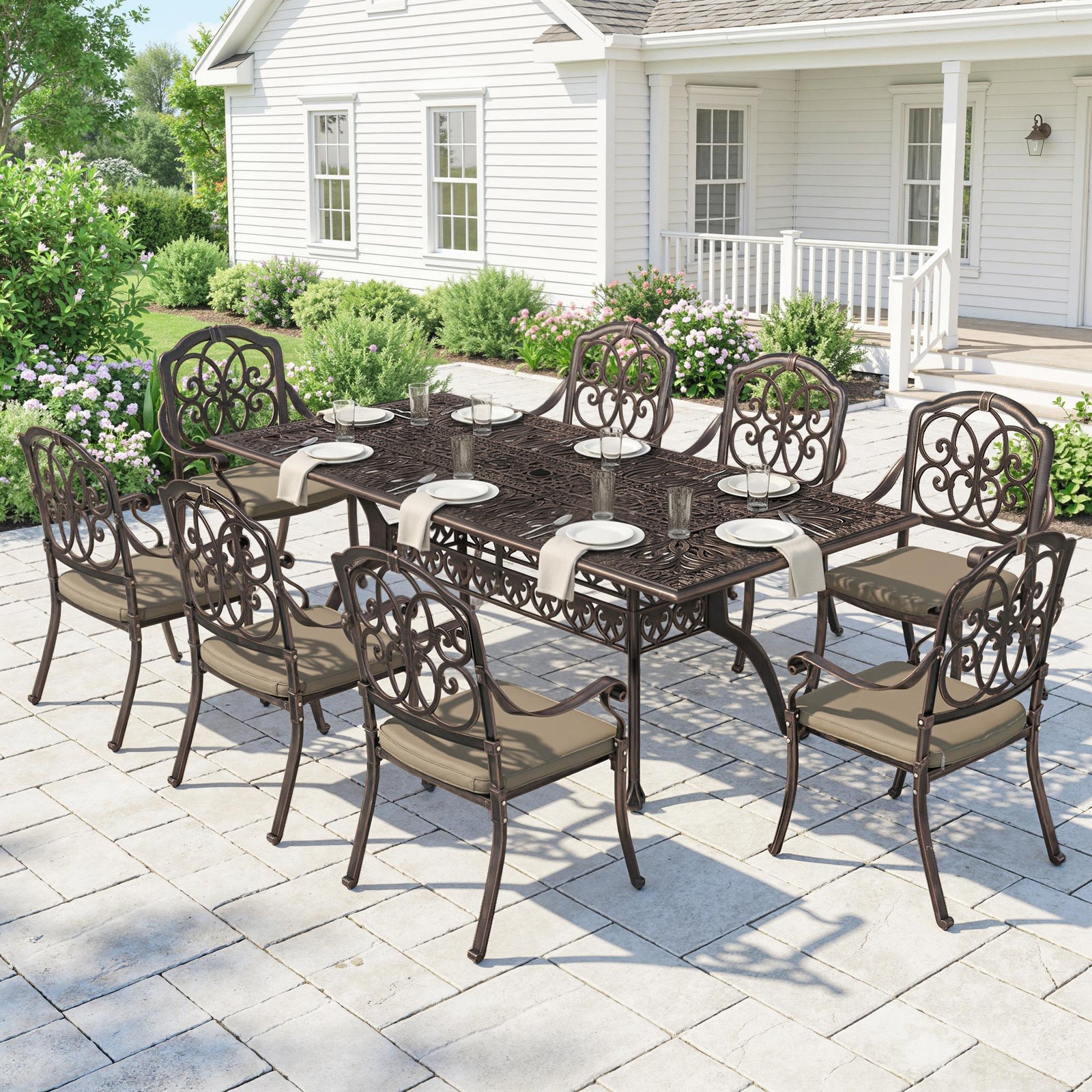 9 Piece Cast Aluminium Garden Dining Set, Garden Table and Chairs Set 
