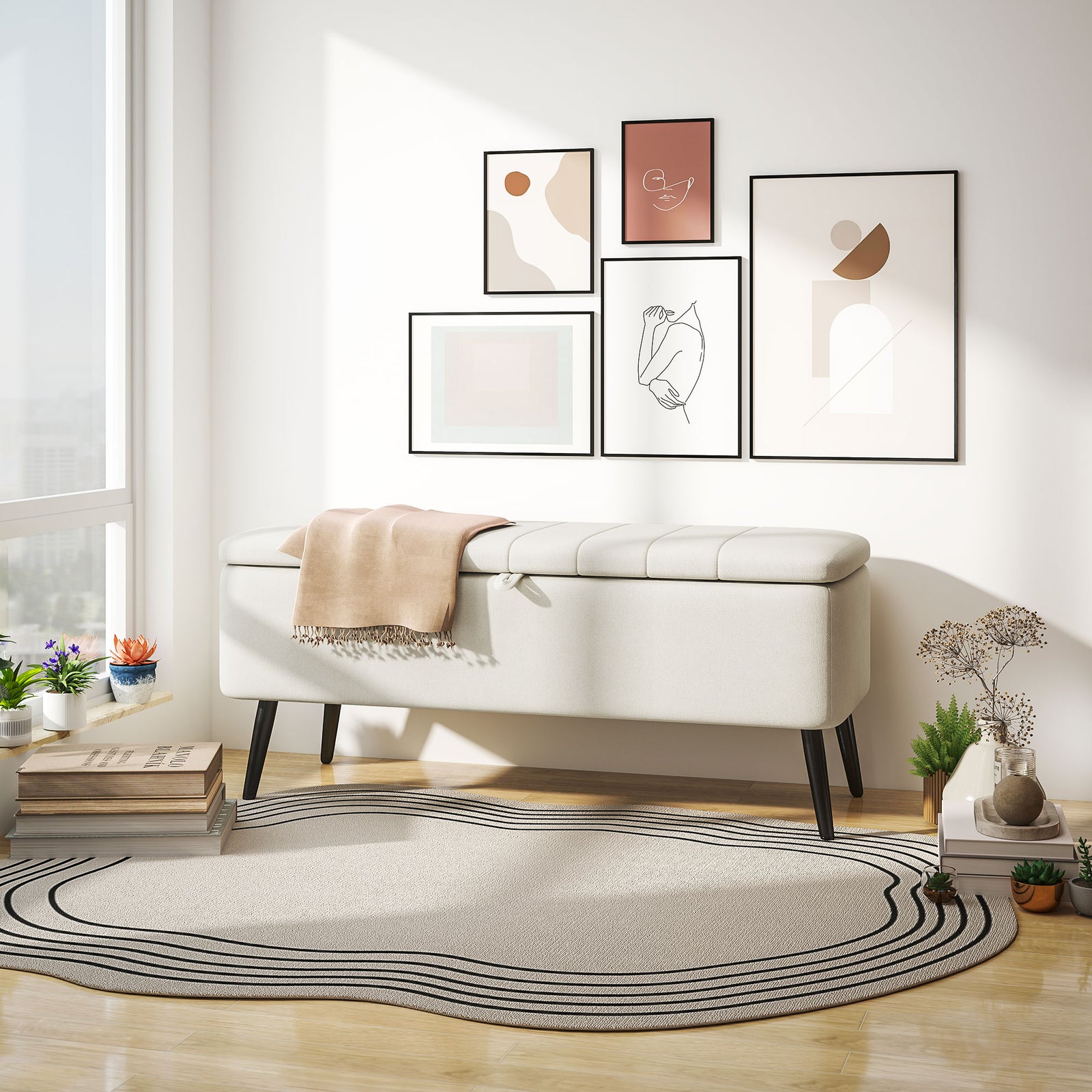 Linen-Look 92 x 31cm Storage Ottoman - Cream White