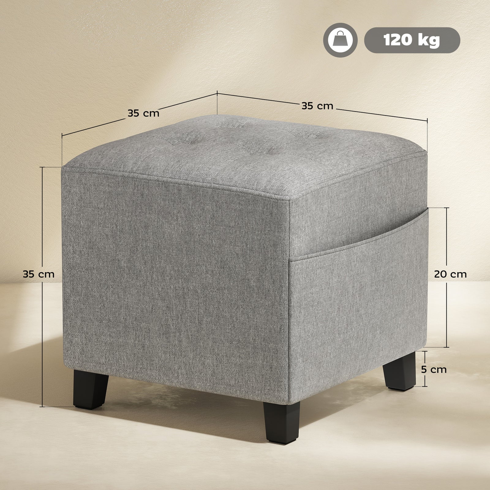 Square Footstool, Small Ottoman with Side Pocket, Linen Fabric Footres