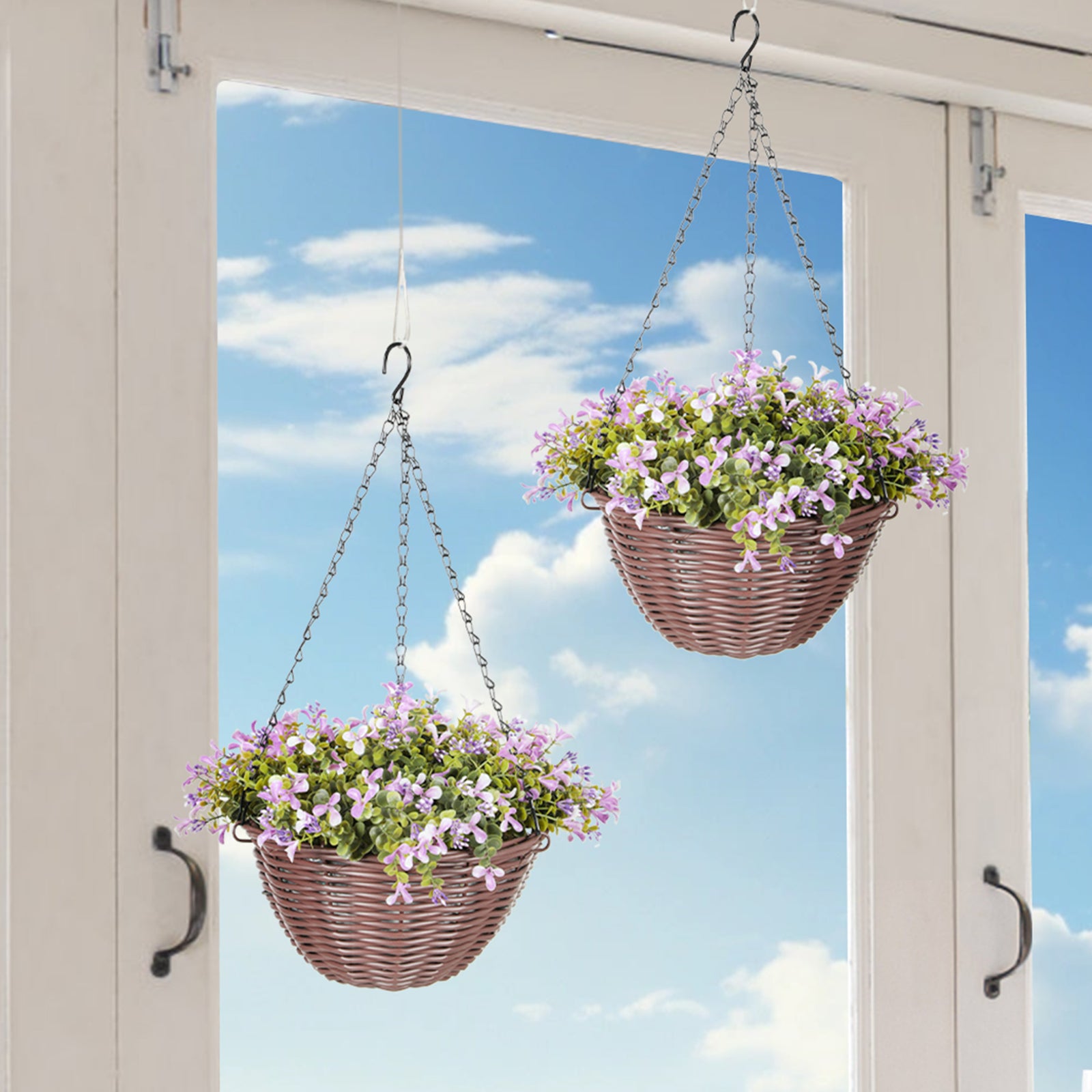 Artificial Flowers in Basket Set of 2, Artificial Hanging Baskets with 75 Leaves and 15 Flowers in Pot, Decorative Plant for Home Office Decor, Purple