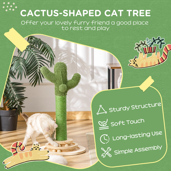 PawHut Cactus-Shaped Cat Tree Tower, Green, with Sisal Scratching Post, Hanging Ball, Funny Cat Ball Platform, 32 x 32 x 60cm | Aosom UK