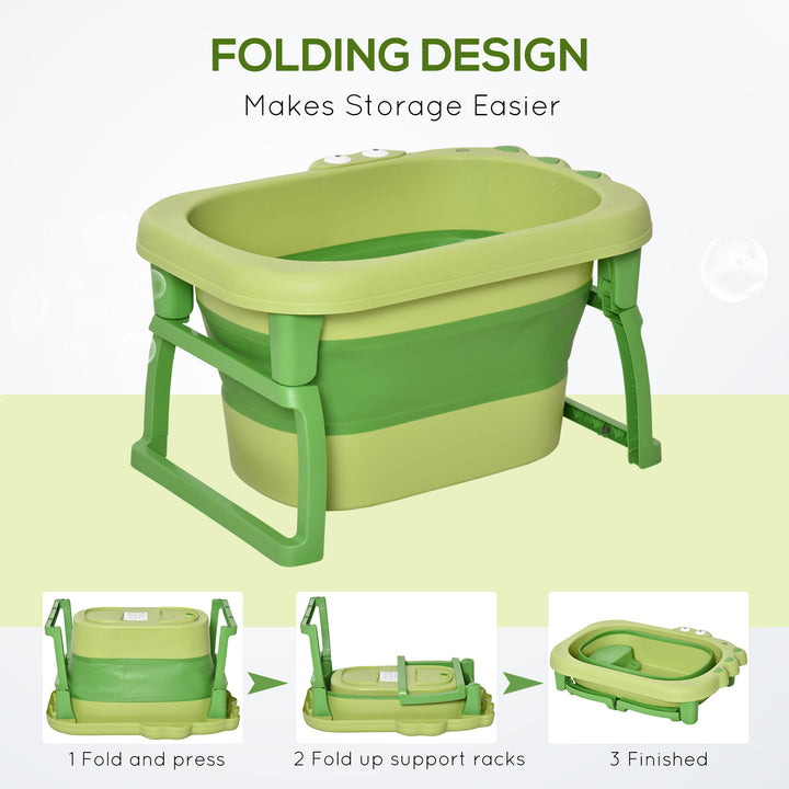 HOMCOM Baby Bath Tub for 0-6 Years Collapsible Non-Slip Portable with Stool Seat for Newborns Infants Toddlers Kids Crocodile Shape Green | Aosom UK