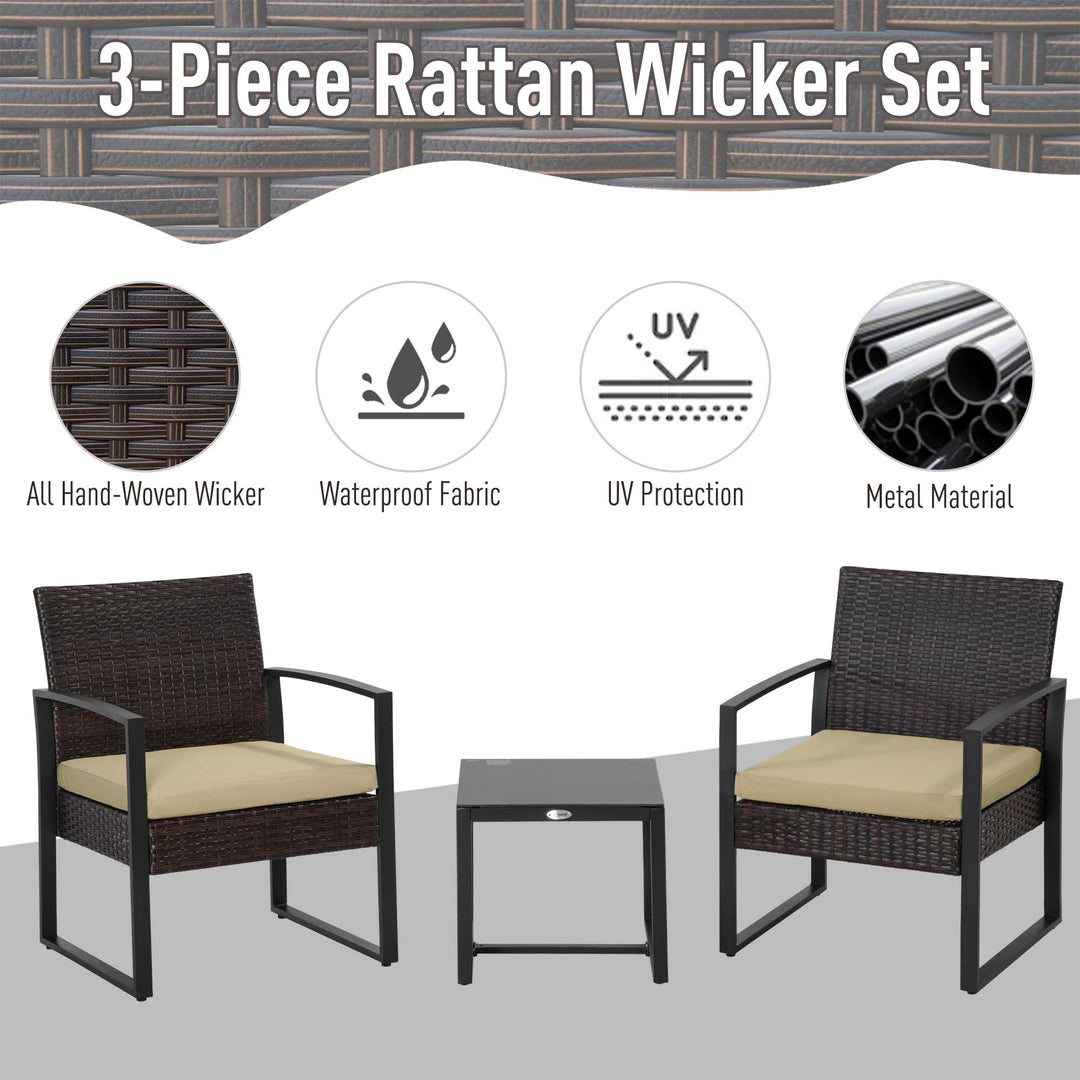 3 pcs PE Rattan Wicker Garden Furniture Patio Bistro Set Weave Conservatory Sofa Coffee Table and Chairs Set Beige