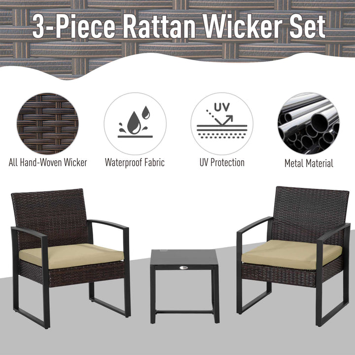 3 pcs PE Rattan Wicker Garden Furniture Patio Bistro Set Weave Conservatory Sofa Coffee Table and Chairs Set Beige