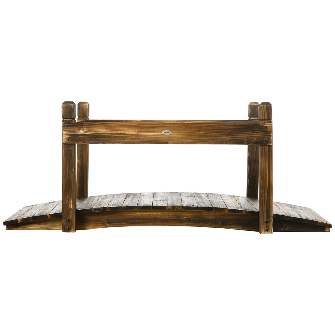 5FT Wooden Garden Bridge with Planters on Safety Railings, Stained Finish Arc Footbridge for Pond Backyard Stream
