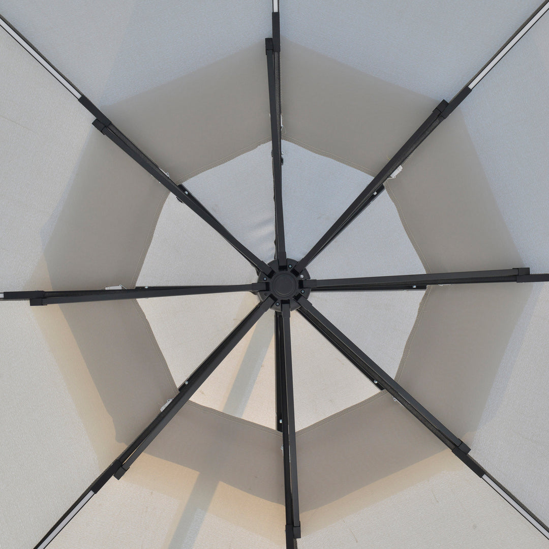 3(m) Cantilever Banana Parasol Hanging Umbrella with Double Roof, LED Solar lights, Crank, 8 Sturdy Ribs and Cross Base for Outdoor, Garden, Patio, Light Grey
